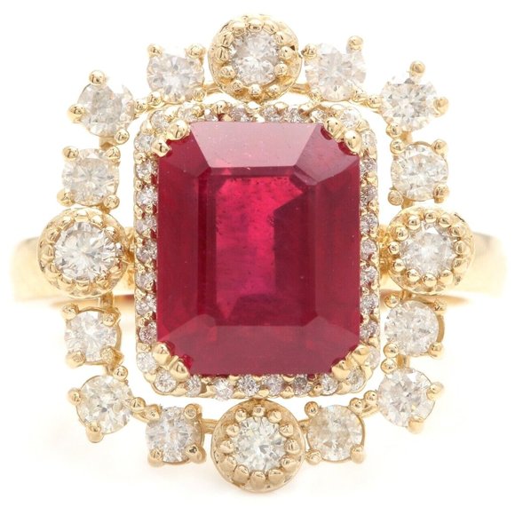 6.50Ct Stunning Natural Ruby & Diamond 14K Solid Yellow Gold Ring - Picture 1 of 9